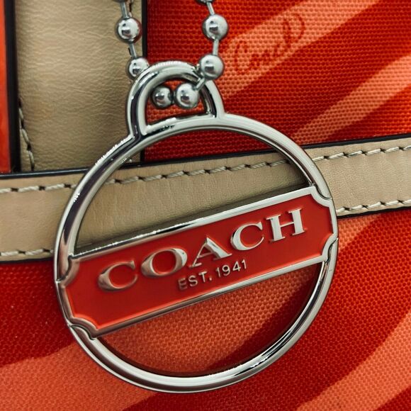 Coach Womens F23283 Orange Tan Canvas Zebra Print Leather Trim Tote Handbag - Picture 4 of 12